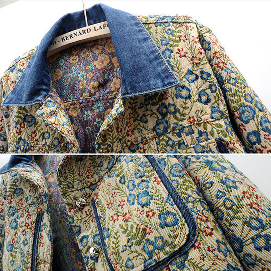 Damen Blumenmuster Denimjacke mit aufgesetzten Taschen und Kragen EB