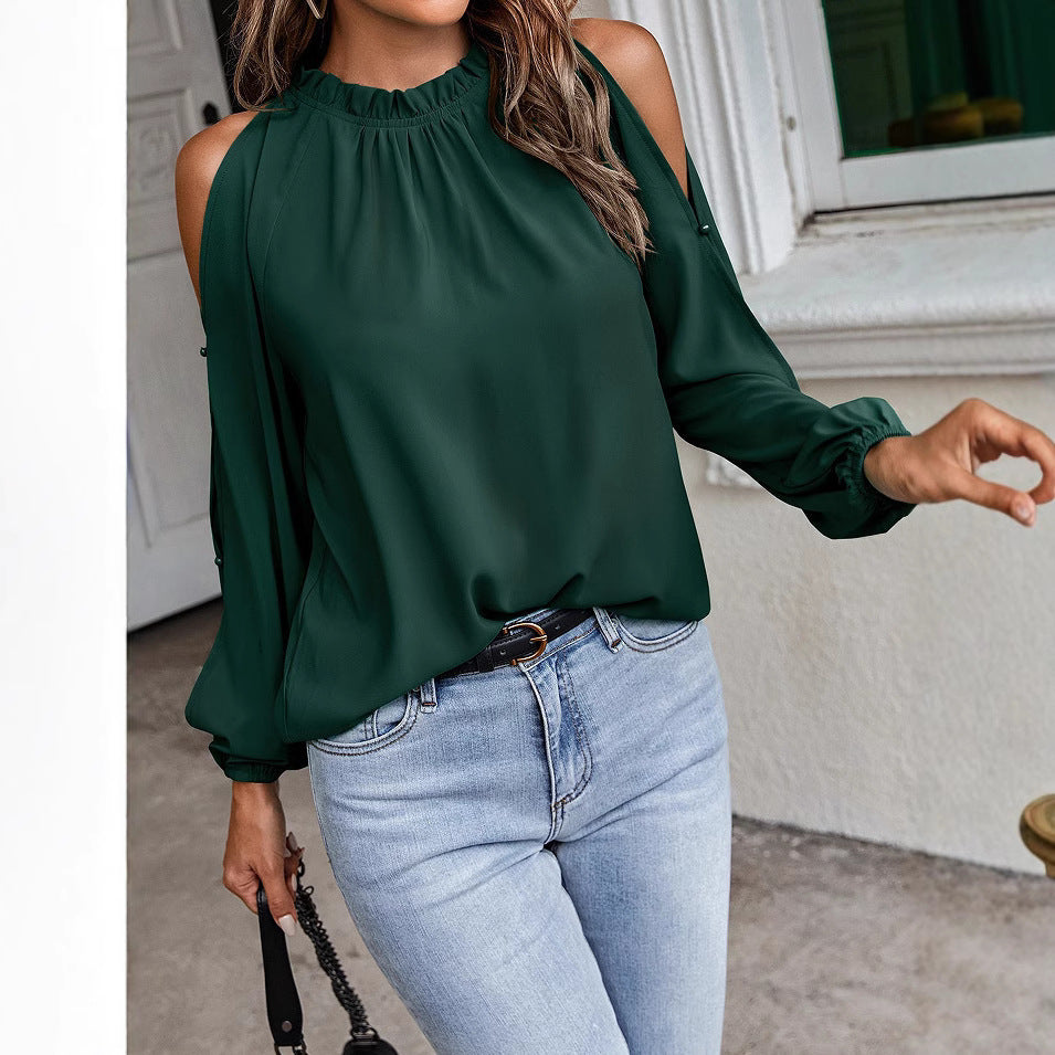 Damen trendige Bluse mit schulterfreier Gestaltung und Puffärmeln EB