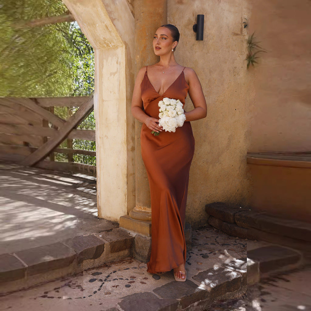 Damen Satin Maxikleid mit eleganter V-Form und fließendem Schnitt EB