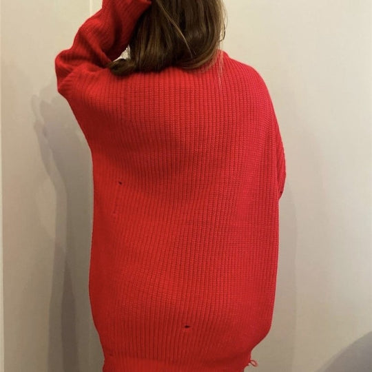 Damen lässiger Langpullover mit strukturiertem Rippdesign und offenen Säumen EB