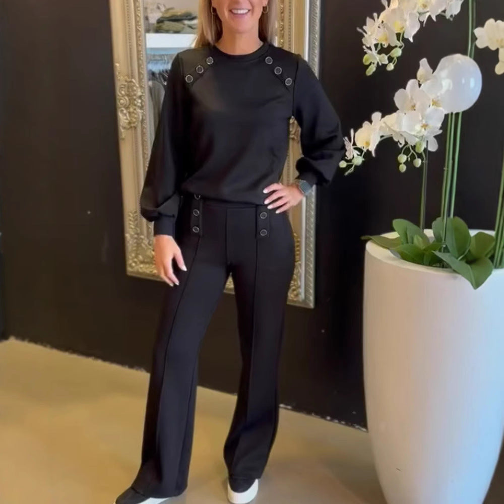 Damen Sportliches Oberteil mit dekorativen Knopfdetails und passender Hose Heidi-Mode