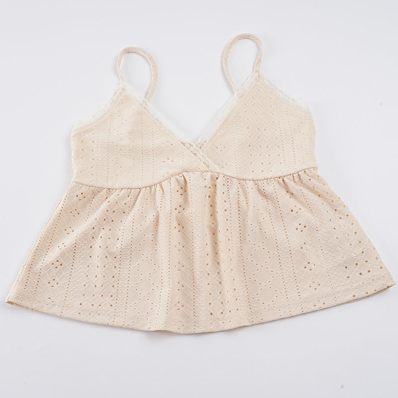 Damen Spaghetti-Trägertop mit feinem Spitzendetail und luftiger Baumwollstruktur EB