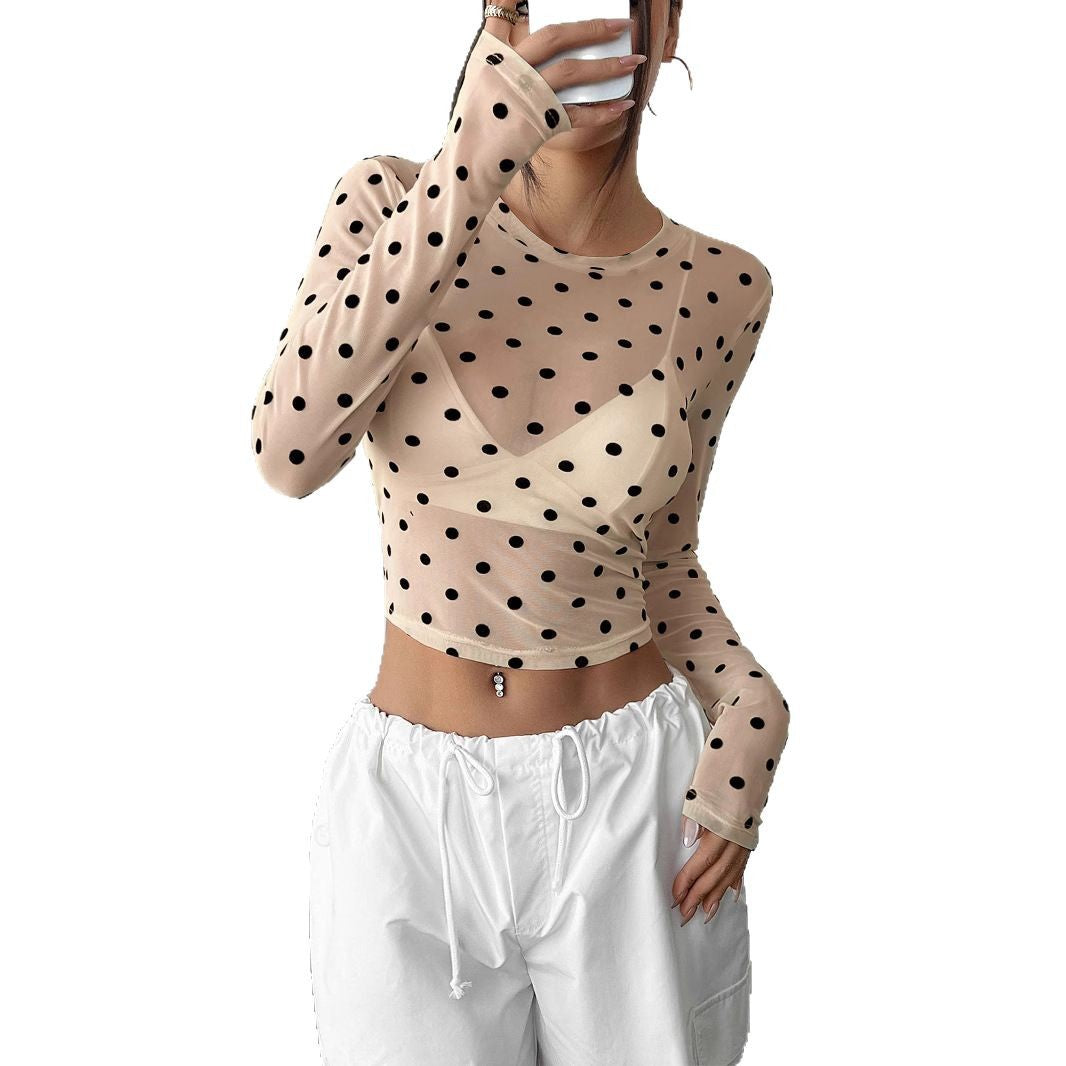 Damen nan bauchfreies Netzstoff-Oberteil mit Punktmuster und integriertem Bustier EB