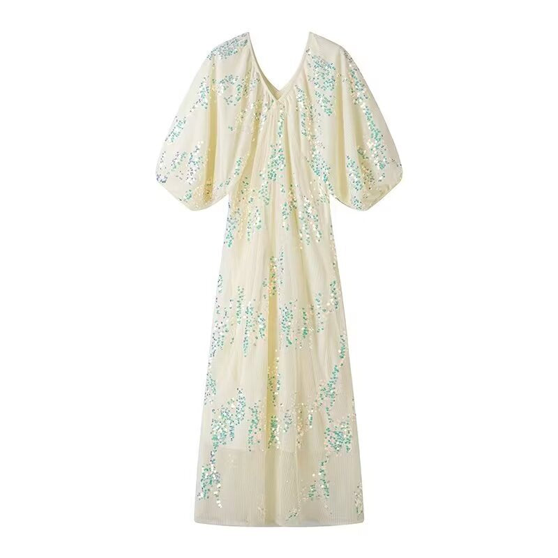 Damen Maxikleid mit voluminösen Puffärmeln und floralem Strassdesign EB