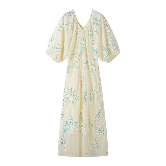 Damen Maxikleid mit voluminösen Puffärmeln und floralem Strassdesign EB
