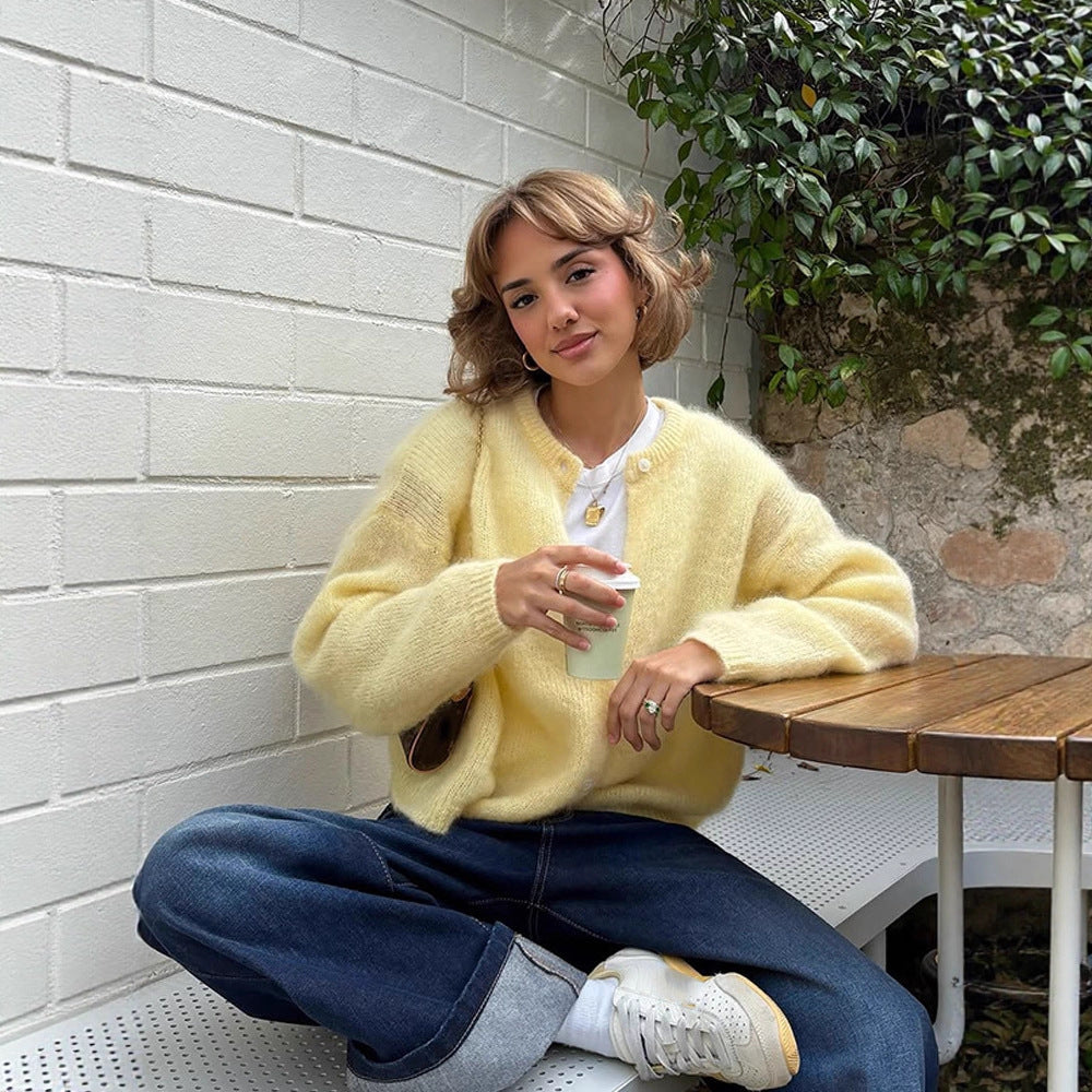 Damen weicher Strickcardigan mit großen Puffärmeln EB