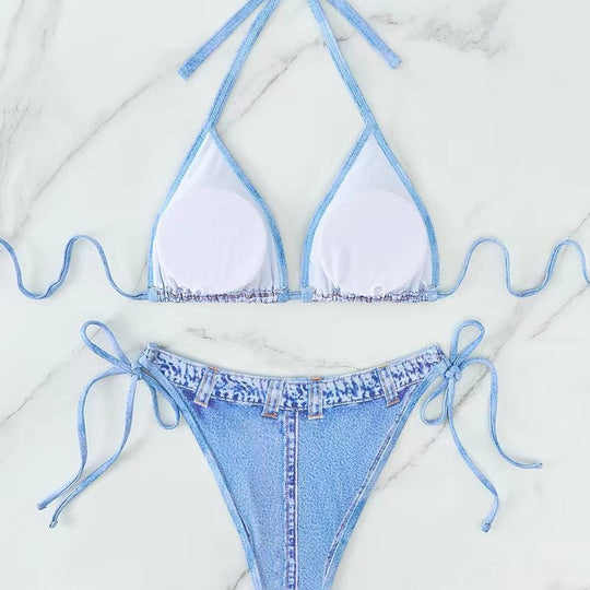 Damen Triangel-Bikini mit Jeans-Optik und geflochtenen Bindebändern EB