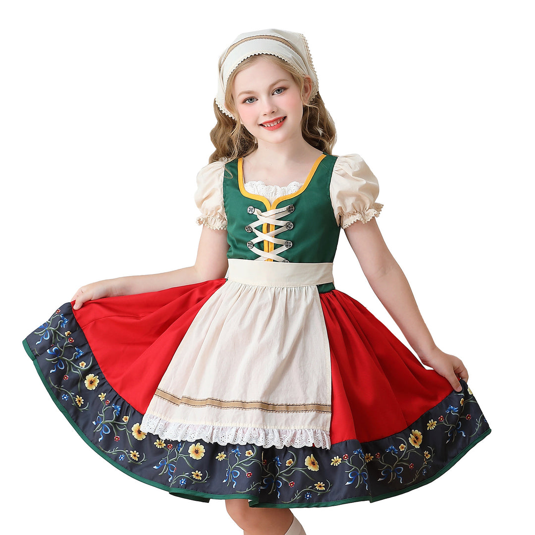 Damen nan traditionelles Kinderdirndl Kleid mit dekorativer Schnürung Schürze und Spitzenkopftuch EB