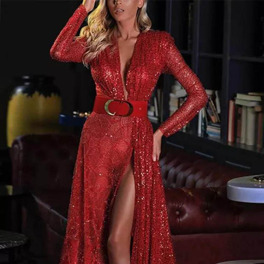Damen Glitzerndes Abendkleid mit tiefem V-Ausschnitt und Eleganter Schleppe EB