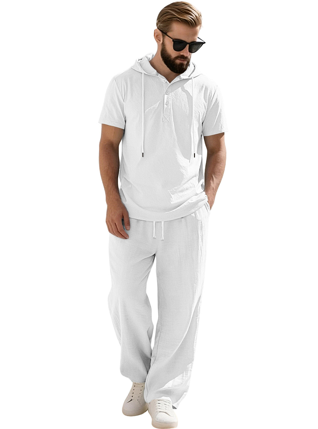 Herren nan lässiges Kurzarm-Kapuzenshirt im gekreppten Baumwollmix mit Henley-Knopfleiste EB
