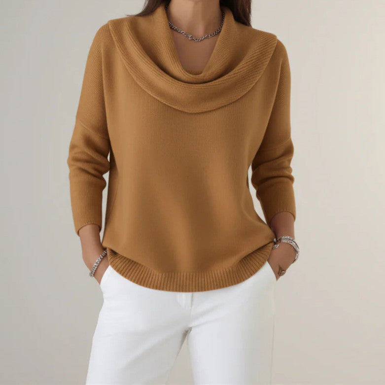 Damen Lässiger Schalkragen-Feinstrickpullover mit überschnittener Schulter und geripptem Saum EB