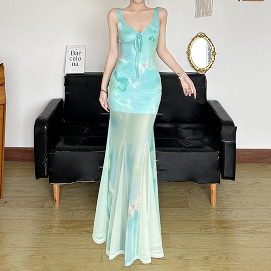 Damen Maxikleid mit transparenten Schichten und floralem Muster EB