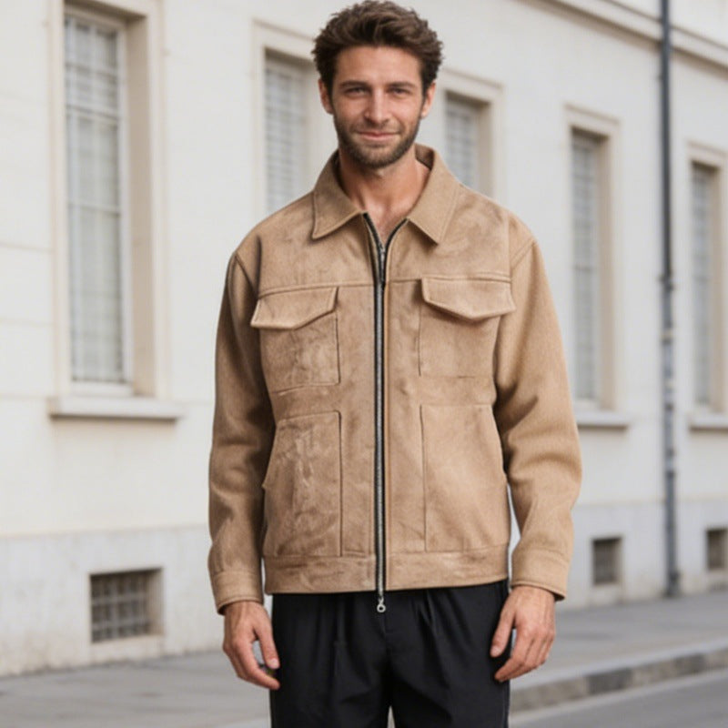 Herren nan oversized Velourslederjacke mit Reißverschluss, Hemdkragen und aufgesetzten Pattentaschen EB