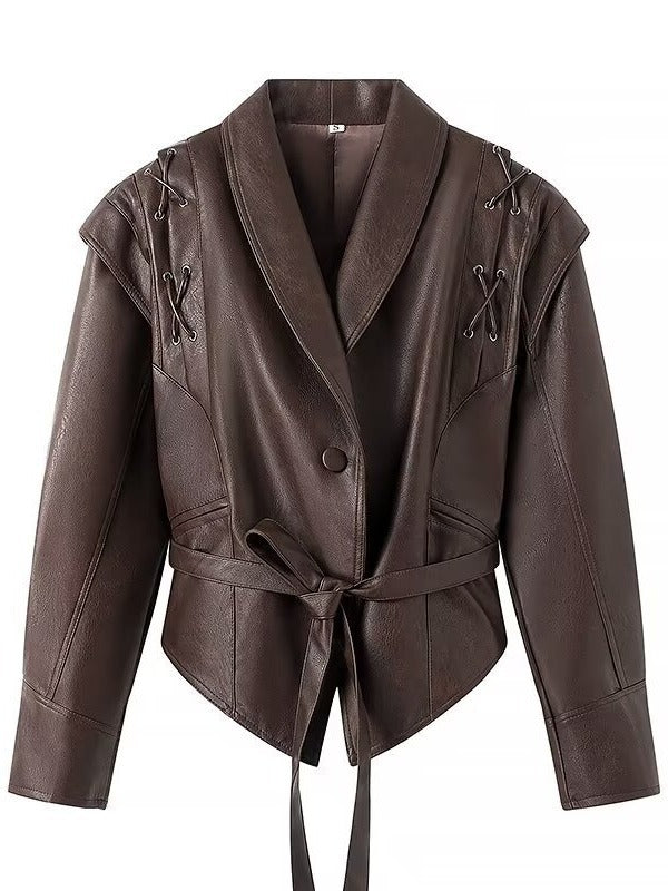 Damen taillierte Kunstlederjacke mit verspieltem Schnürdetail EB