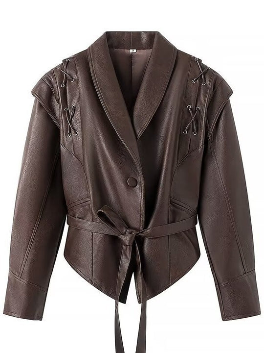 Damen taillierte Kunstlederjacke mit verspieltem Schnürdetail EB