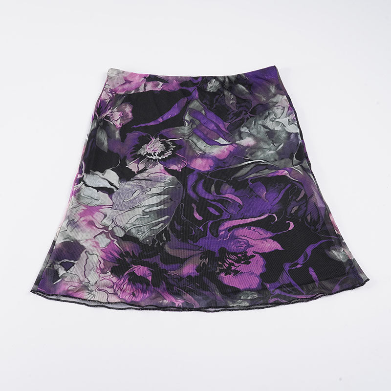 Damen Blumenmuster Midirock mit elastischem Bund und schwingendem Saum EB