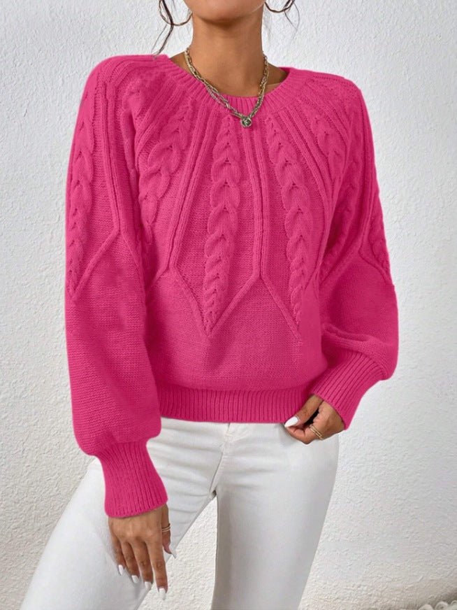 Damen nan kurzer Zopfmuster-Strickpullover mit Ballonärmeln und geripptem Saum EB