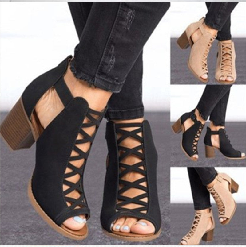 Damen Peep-Toe Stiefeletten im Schnürdesign mit Blockabsatz EB