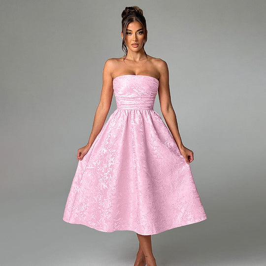 Damen schulterfreies A-Linien Kleid mit luxuriösem Blumenmuster EB