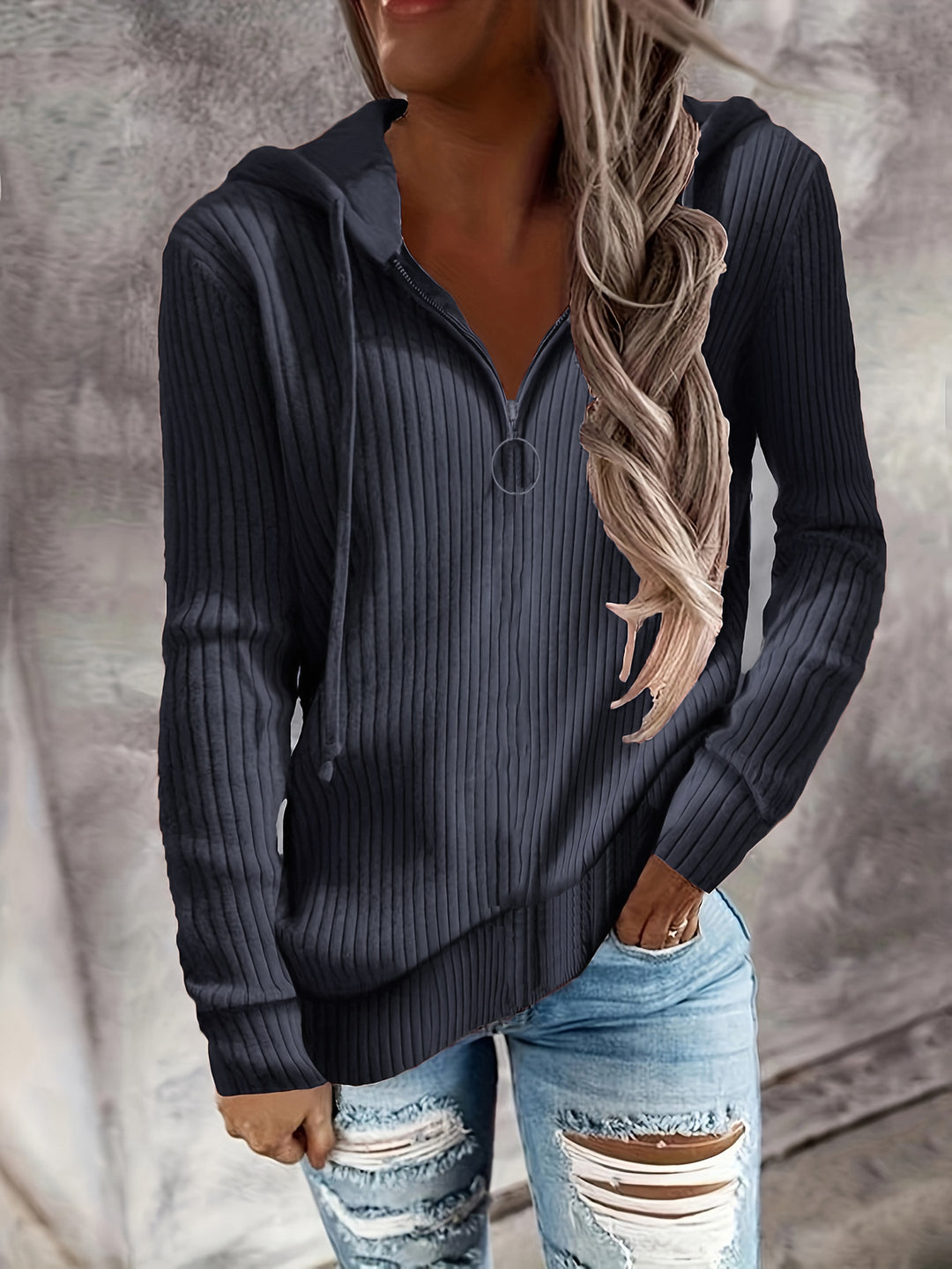 Damen Strickpullover mit hohem Kragen und Reißverschluss EB