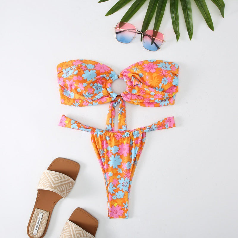 Damen Bandeau Bikini mit kreativem Raffungseffekt und verspieltem Design EB