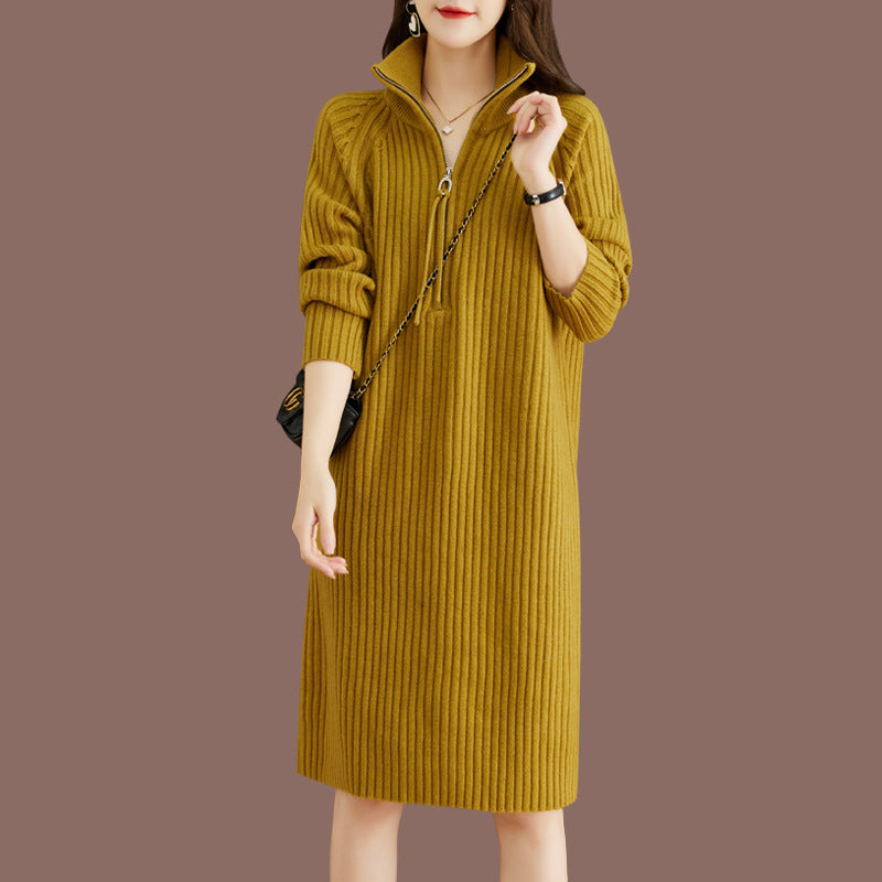 Damen Strickkleid mit steigendem Kragen und strukturierter Ripp-Optik EB