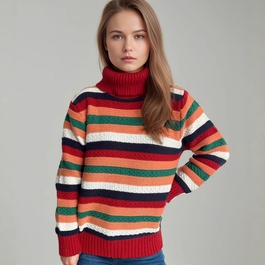 Damen Rollkragenpullover mit farbenfrohen Streifen und hochwertiger Strickqualität EB