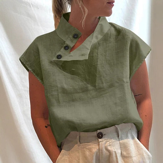Damen moderne Bluse mit Stehkragen und eleganten Knopfdetails EB
