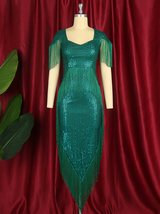 Damen glamouröses Abendkleid mit Fransendetails EB