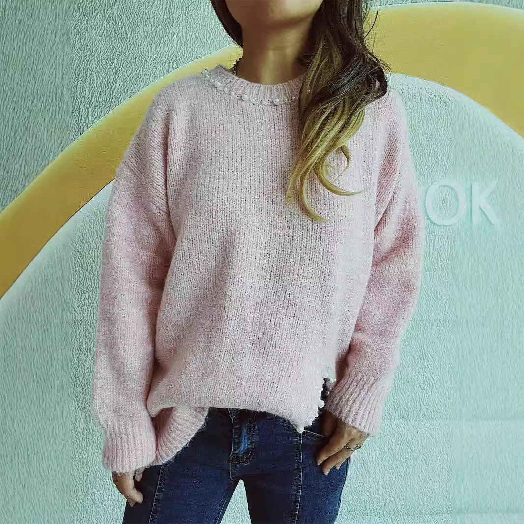 Damen Grobstrickpullover mit Perlenausschnitt und asymmetrischem Saum EB