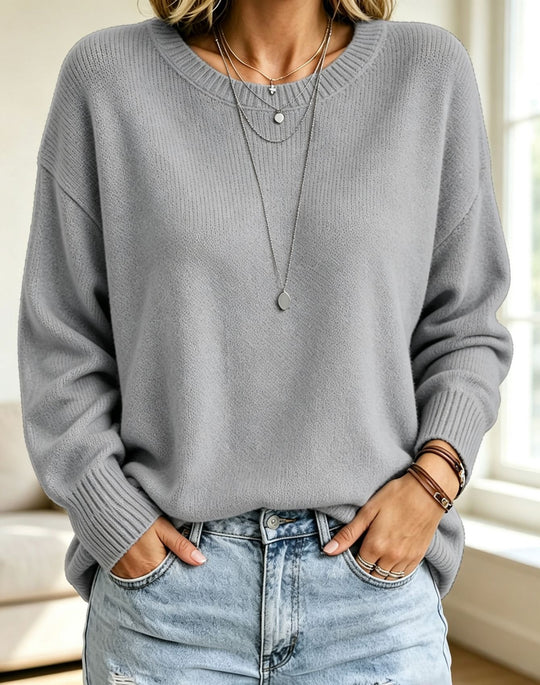 Damen Leichter Cashmere‑Touch Pullover mit Rundhalsausschnitt, überschnittener Schulter und gerippten Bündchen EB