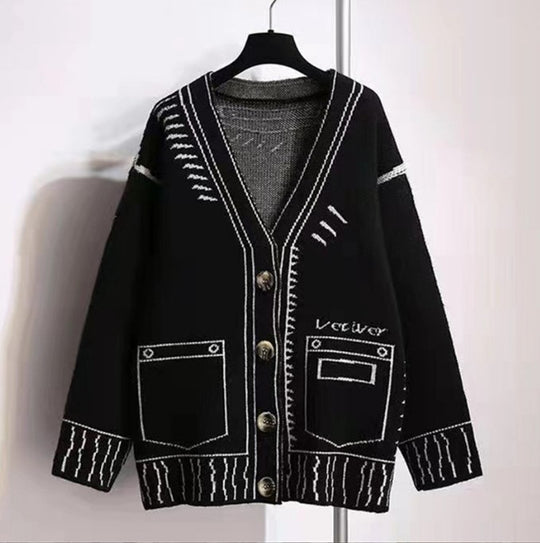 Damen Oversized Strickjacke mit kreativem Design und großen Knöpfen EB