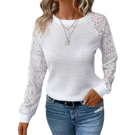 Damen nan Pullover mit Waffelstruktur, Raglanform und transparenter Spitzenärmel EB