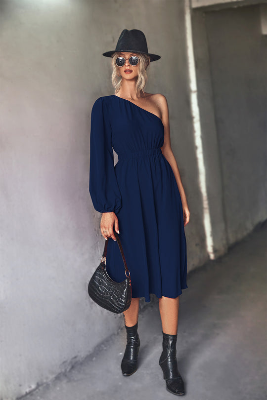 Damen Midikleid mit asymmetrischem One-Shoulder-Design und elastischem Taillengürtel EB