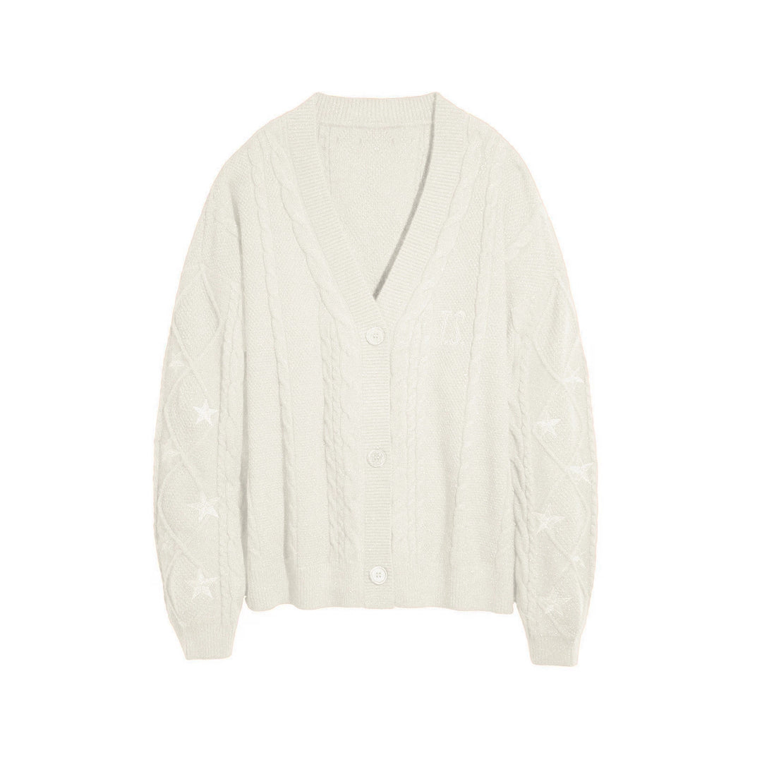 Damen nan großzügiger Grobstrick-Cardigan mit Zopfmuster, V-Ausschnitt und Sternstickereien EB