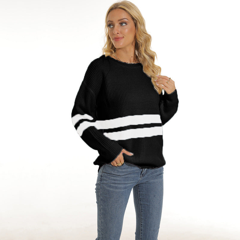 Damen Grobstrickpullover mit sportlichem Streifenmuster und lockerer Passform EB