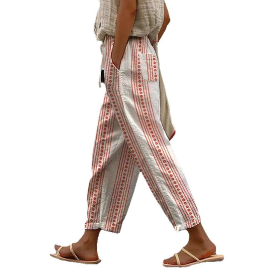 Damen Weite Leinenhose mit handgewebtem Muster EB