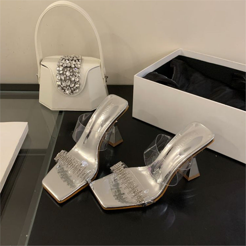 Damen elegante transparente Mules mit glitzernden Strassverzierungen EB