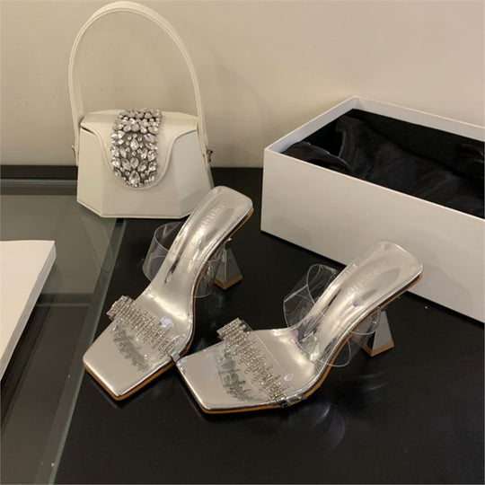 Damen elegante transparente Mules mit glitzernden Strassverzierungen EB