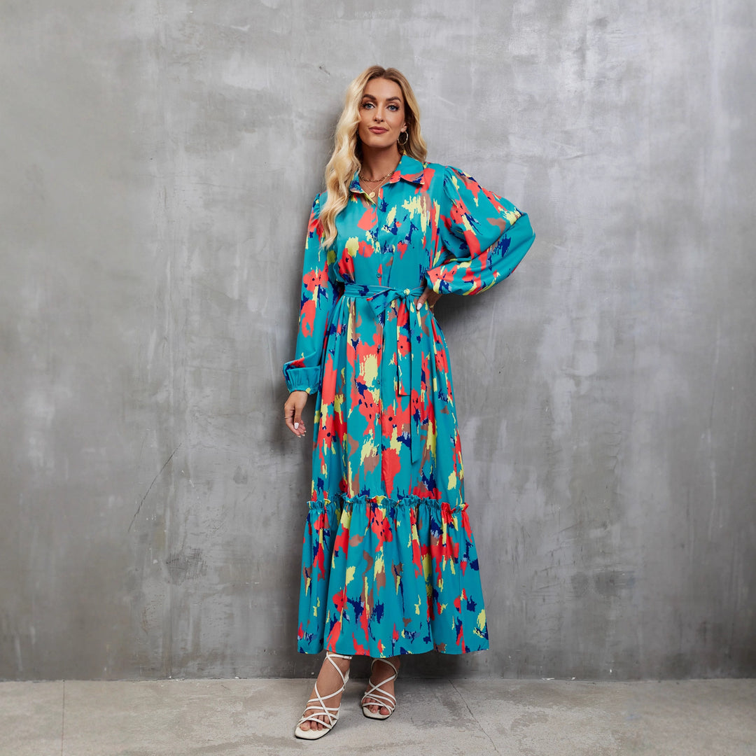 Damen Maxikleid mit farbenfrohem Floral-Design und elegantem Taillengürtel EB
