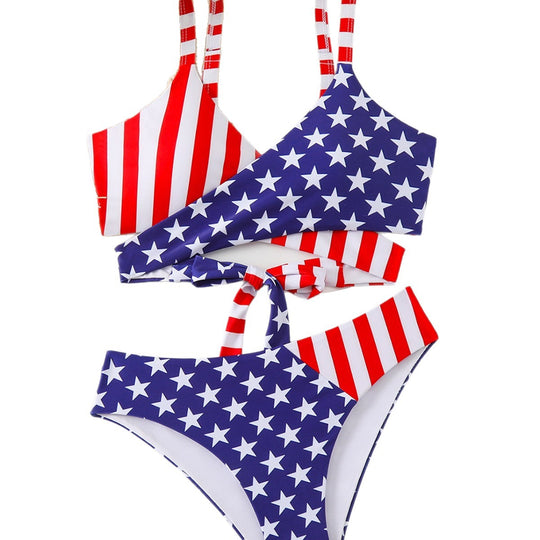 Damen Triangel-Bikini-Set mit asymmetrischem Schnitt und buntem Sternen-Design EB