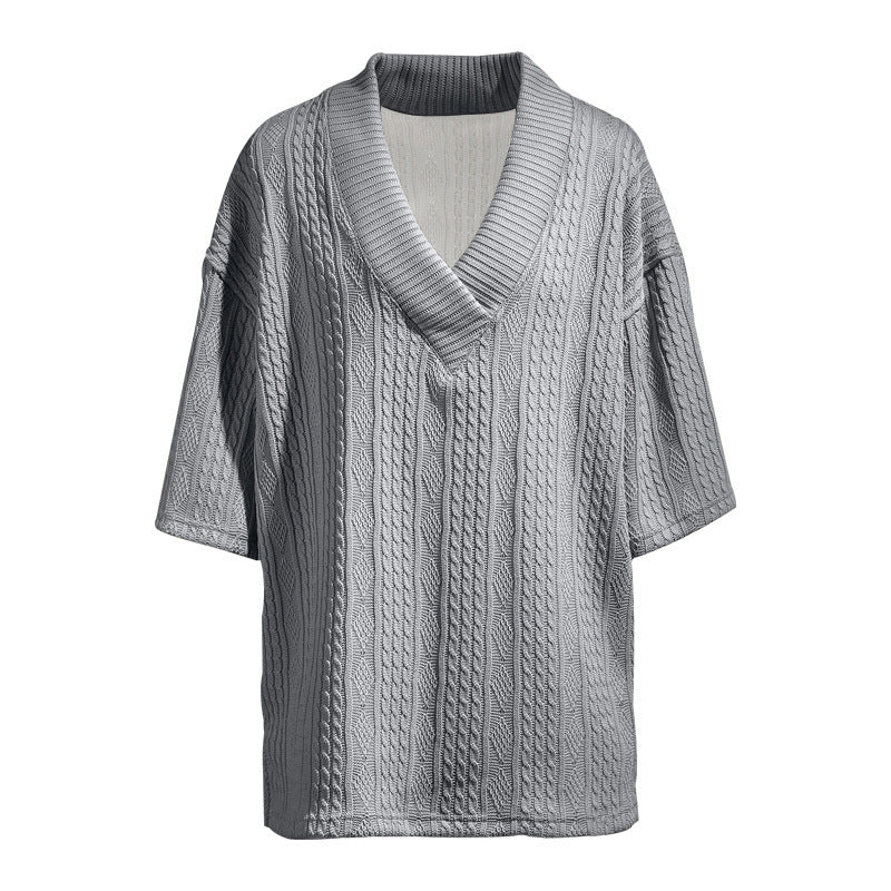 Damen Oversized Kurzarm-Strickpullover mit tiefem V‑Ausschnitt und Zopfmuster EB