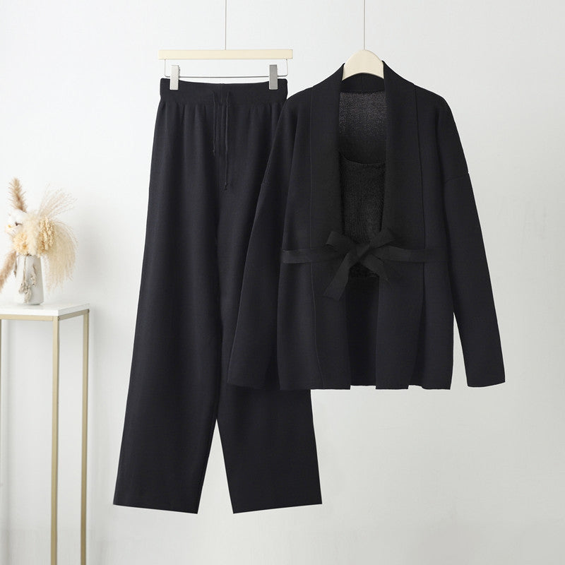 Damen gemütliches Freizeit-Loungewear-Set mit Bindegürtel und weitgeschnittenen Hosen EB
