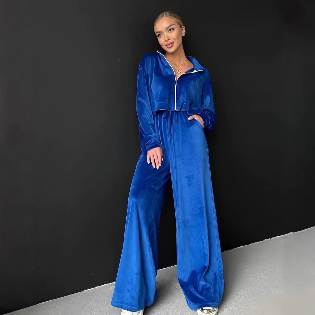 Damen gekürztes Velours-Cropped-Hoodie mit Stehkragen und elastischer High-Waist-Palazzo-Jogginghose Eichborn Berlin