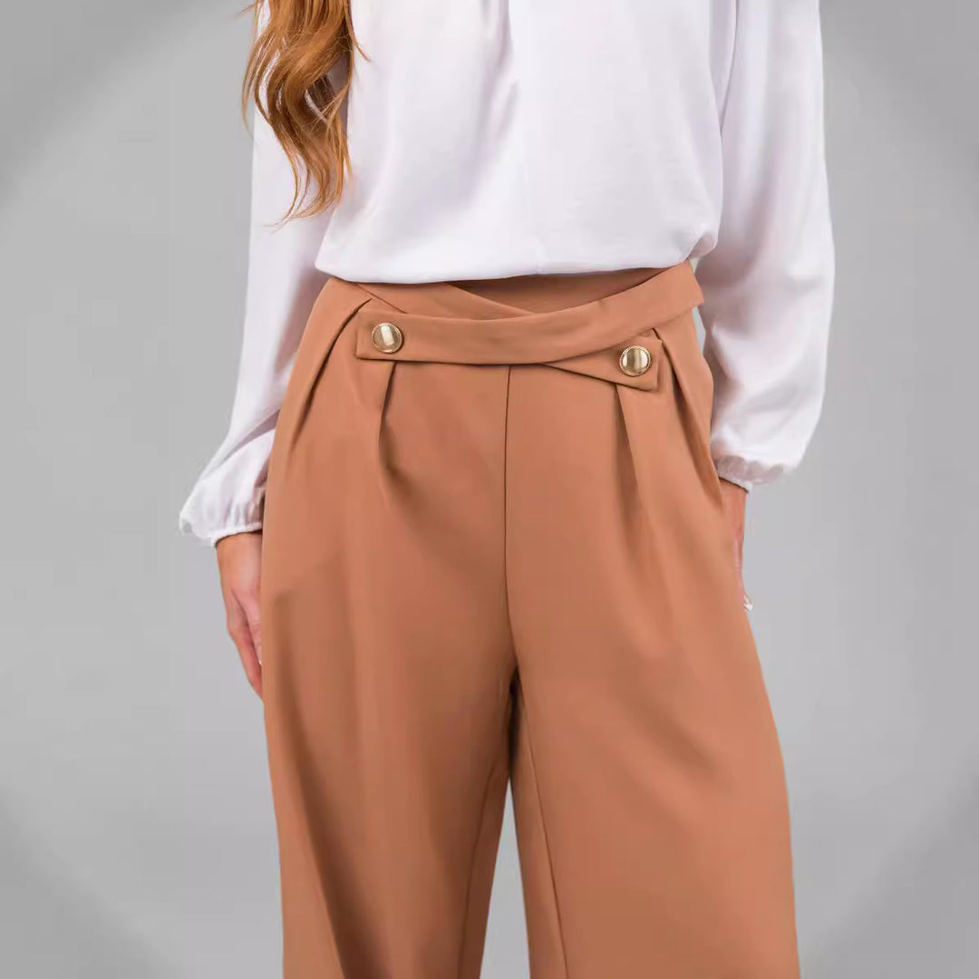 Damen elegante weite Hose mit stylischem Bund und Schaltknopfdetails EB