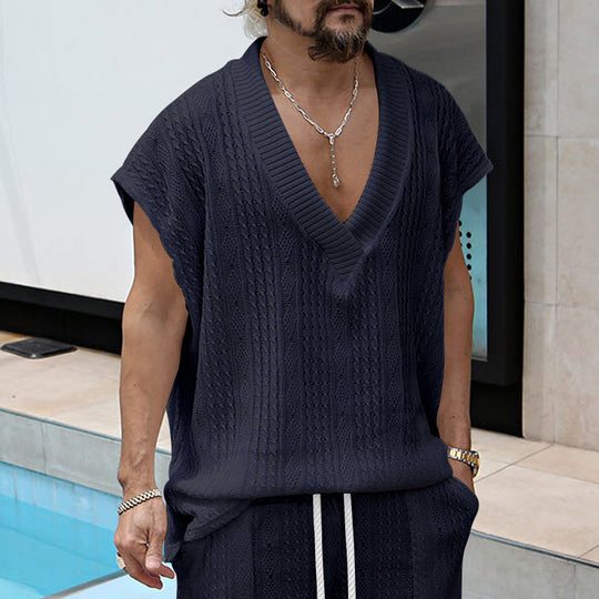 Herren lässiges Strick-T-Shirt mit V-Ausschnitt und oversized Schnitt EB