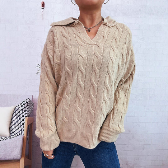 Damen Grobstrickpullover mit farbenfrohem Zopfdesign und klassischem Kragen EB