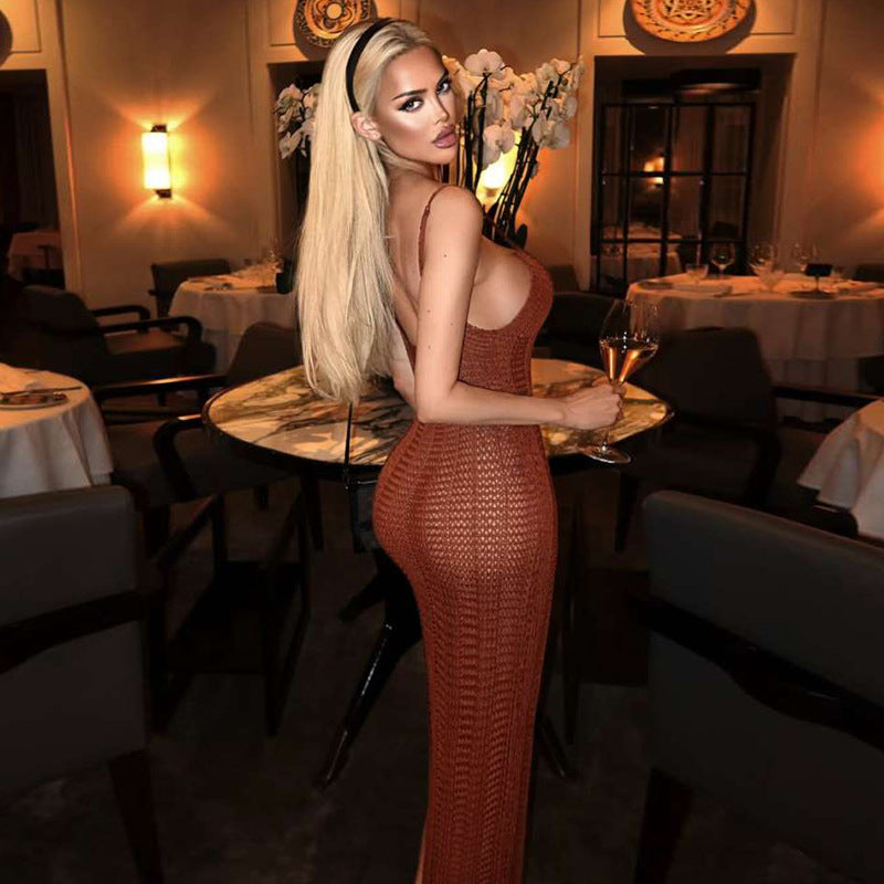 Damen Strick-Maxikleid mit raffiniertem Schnitt und tiefem Rückenausschnitt EB