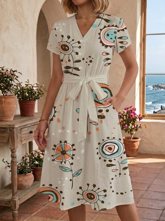 Damen Midikleid mit farbenfrohem Blumendesign und taillierbarem Bindegürtel EB