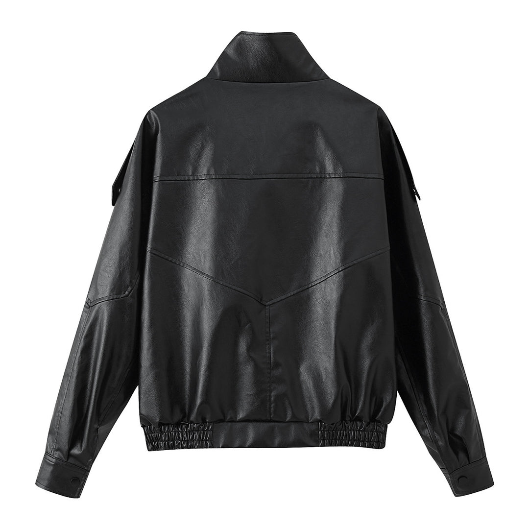 Herren nan lässige Bikerjacke aus Kunstleder mit hohem Stehkragen, Schulterklappen und elastischem Saum EB